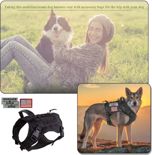 Vista 4 de Arnés táctico para perro con bolsas de entrenamiento militar K9 al aire libre, chaleco táctico desmontable para medicina y bolsas de agua, 3 parches