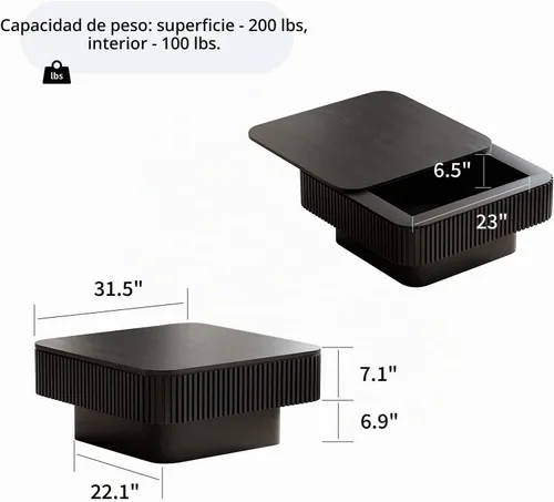 Vista 3 de Mesa de café cuadrada pequeña con almacenamiento, mesa de café moderna de madera con chapa de madera maciza, mesa central estriada