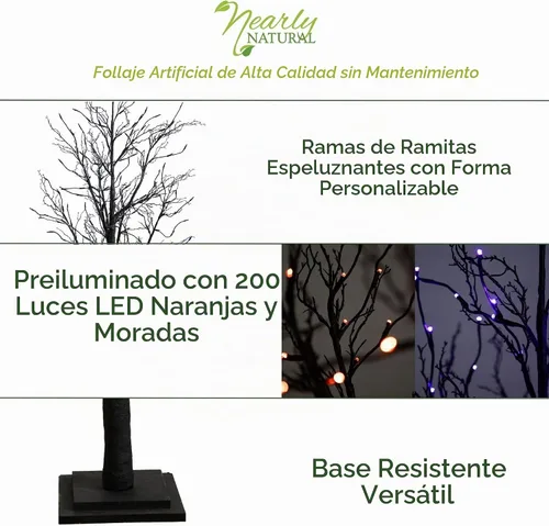 Vista 2 de Nearly Natural Árbol de otoño artificial de ramita negra preiluminado de 6 pies con 300 luces LED naranjas y moradas