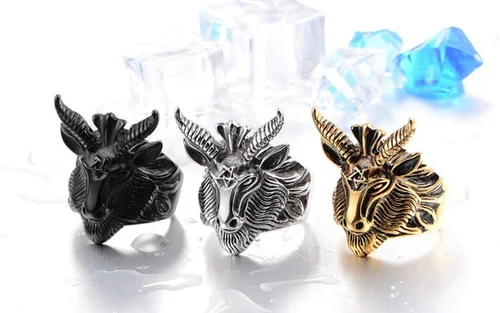 Vista 3 de HIJONES Anillo de motociclista de acero inoxidable para hombre, estilo baphomet, cuerno de cabra de satán, estilo baphom