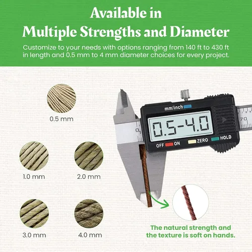 Vista 4 de Cordel de cáñamo para jardinería - Cordel para manualidades - Cuerda de cáñamo orgánico natural para hacer joyería - Cordón fuerte y duradero