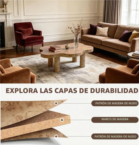 Vista 8 de WILLIAMSPACE Mesa de centro de nube de 39.7 pulgadas con chapa de madera Burl y 4 patas redondas, moderna mesa central de madera con patrón de nudo