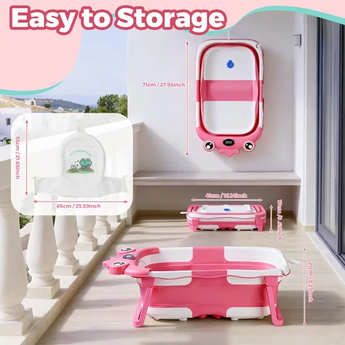 Vista 4 de Bañera para bebé, bañera plegable para bebé con cojín suave y termómetro, que ahorra espacio, plegable y de viaje, bañera para recién nacidos hasta