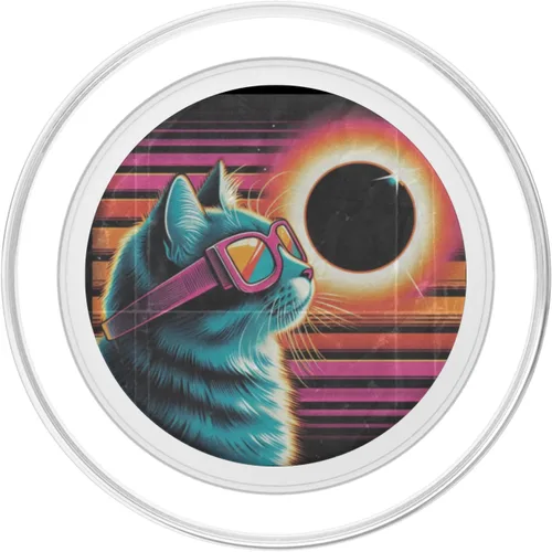 Vista 2 de Cat Solar Eclipse - Synthwave Retro Poster Style PopSockets MagSafe PopGrip for iPhone