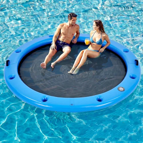 Vista 17 de Muelle flotante inflable redondo de 6 a 12 pies, anillo de flotador Sunchill, hamaca de agua para broncear flotadores de piscina con tela tejida