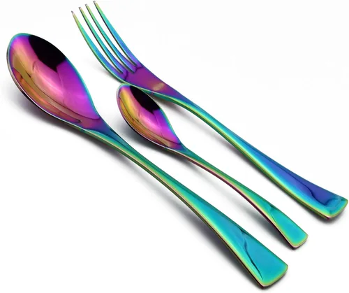Vista 4 de Juego de cubiertos de arco iris colorido de 5 piezas, juego de cuchillos de cena de acero inoxidable 18/10, pulido de espejo, servicio para 1