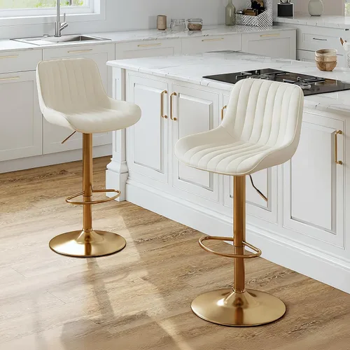 Vista 2 de Juego de 2 taburetes de bar giratorios de terciopelo con respaldo y reposapiés, sillas de bar doradas modernas ajustables para isla de cocina, bar