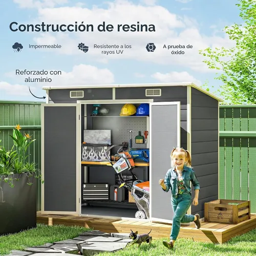 Vista 4 de Outsunny Cobertizo de almacenamiento para exteriores de 8 x 4 pies, cobertizo de plástico de resina impermeable con suelo, ventana, puertas