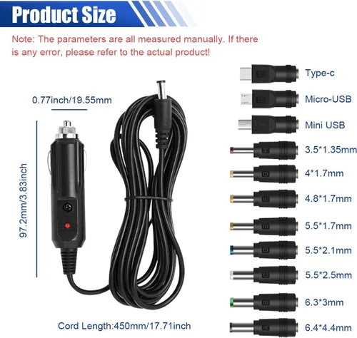 Vista 2 de Cargador de coche de 12 V con cable de alimentación de 5 V CC, cable de alimentación universal de 0.217 x 0.083 in con 11 conectores, cable de carga