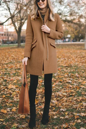 Vista 4 de BZB Abrigo largo clásico para mujer, con cremallera frontal, casual, mezcla de lana de invierno, abrigos largos