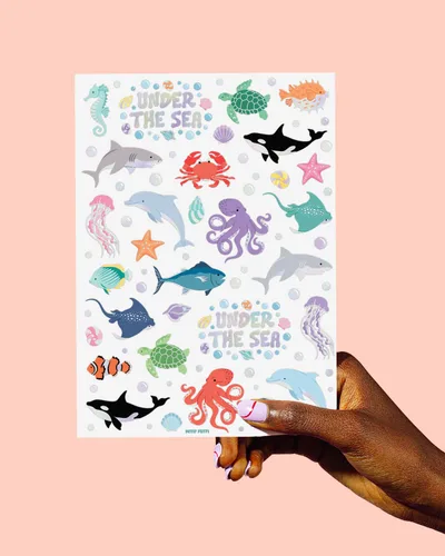 Vista 4 de xo, Fetti Tatuajes temporales de criaturas marinas subacuáticas - 64 estilos Suministros para fiestas de cumpleaños de animales del océano