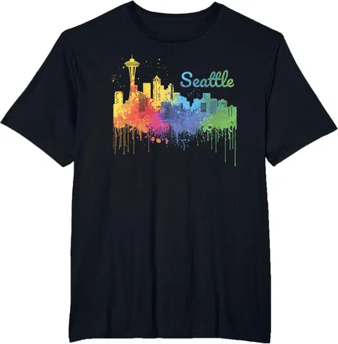 Vista 27 de Seattle Washington Skyline Watercolor Souvenir Seattle Camiseta, Negro
