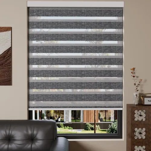 Vista 45 de MYshade Persianas enrollables de cebra opacas (85 %) con cordón para ventanas interiores, persianas de doble capa beige para dormitorio, baño, sala