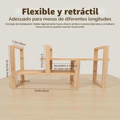 Vista 2 de Estantería de escritorio, 100% madera maciza, ajustable, no requiere herramientas ni clavos, estantería de mesa retro, capacidad de carga de 130