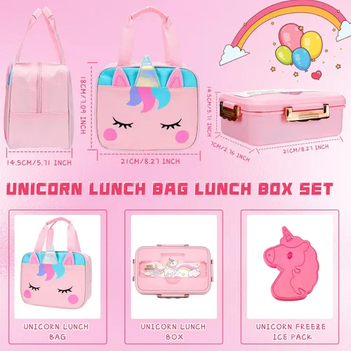 Vista 2 de Lonchera de unicornio para niñas, para guardería, preescolar, bolsa de almuerzo aislada con 4 compartimentos, caja Bento reutilizable, bolsa