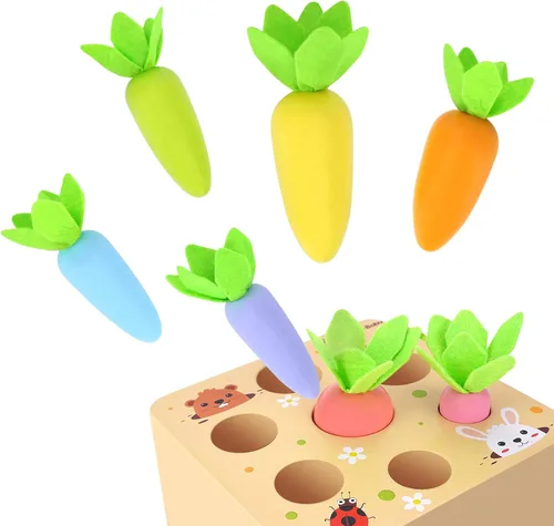Vista 6 de KMTJT Juguetes Montessori para niños pequeños de 1, 2 y 3 años, juego de cosecha de zanahoria Macron, juguetes de madera para bebés niños y niñas
