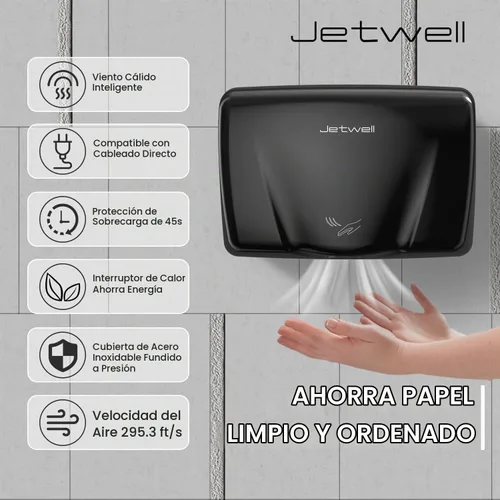 Vista 3 de JETWELL Secador de manos automático comercial de alta velocidad - Secador de manos de acero inoxidable resistente - Soplador de mano de viento