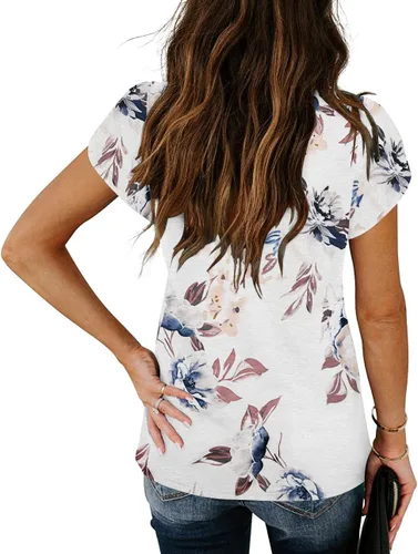 Vista 3 de Camisetas de manga corta con pétalos para mujer, cuello en V, con encaje, ajuste holgado