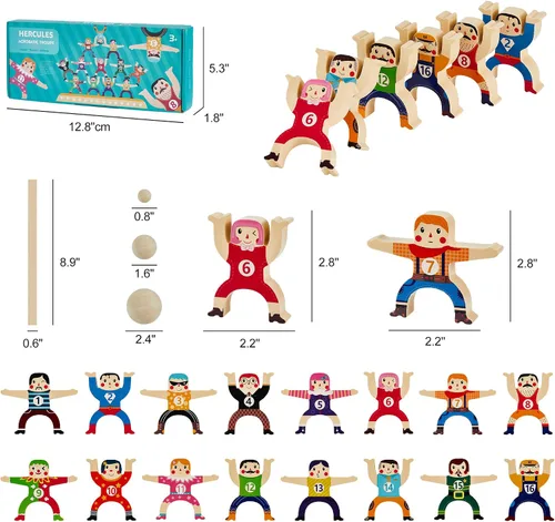 Vista 3 de moopok Juguetes Apilables de Madera, 16 Piezas Circo Hércules Troupe Acrobática Juguete de Encaje, Juego de Bloques de Construcción de Equilibrio