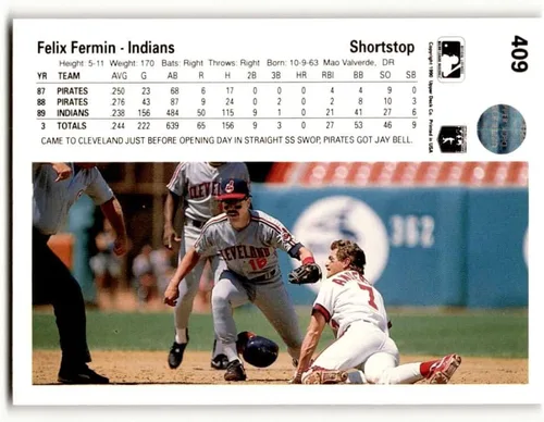Vista 2 de 1990 Upper Deck #409 Felix Fermin Cleveland Indians Baseball Cards EX/NM Baseball Card