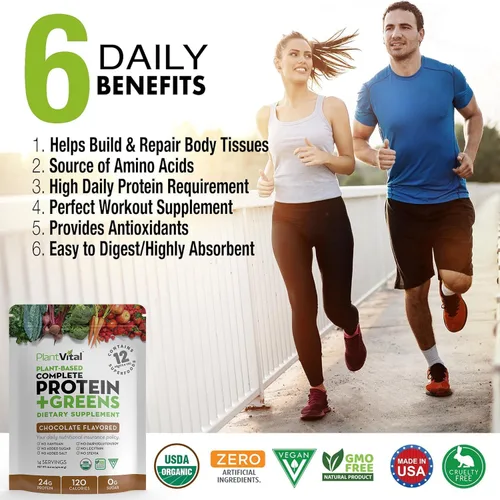 Vista 2 de PlantVital Proteína vegana en polvo a base de plantas, proteína orgánica en polvo de chocolate, 0.85 oz/0.00 oz de azúcar, 12 superalimentos