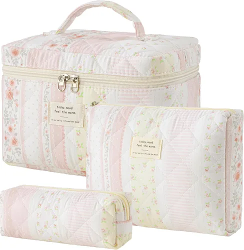 Vista 43 de HBselect Bolsa de Maquillaje Acolchada, 3 Piezas de Gran Bolsa de Maquillaje de Viaje de Algodón, Linda Bolsa de Maquillaje Floral Coquette, Bolsa