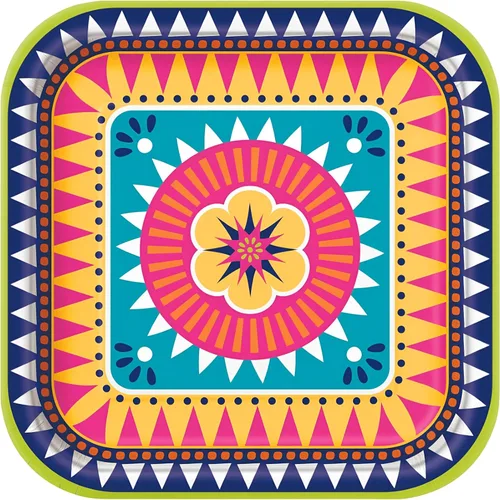 Vista 2 de Platos cuadrados de papel para cena - 9 pulgadas Boho Fiesta 8 piezas