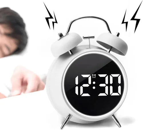 Vista 7 de Pequeño reloj despertador electrónico LED de doble campana, reloj despertador de metal ruidoso para dormir pesado, reloj despertador digital