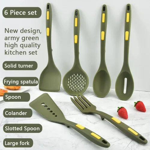 Vista 2 de Collfa Juego de utensilios de cocina de silicona resistentes al calor, antiadherentes, con ganchos, 7 cucharas ranuradas, espátula, tenedor