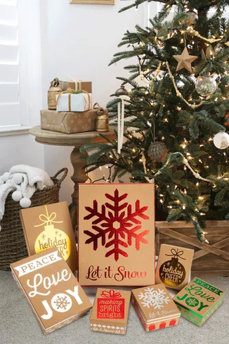 Vista 5 de Hollyone - Paquete de 7 cajas de regalo de Navidad de papel de estraza con tapas en diseños surtidos, cajas de envoltorio de regalo de Navidad