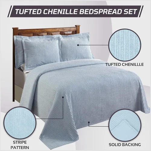 Vista 7 de Better Trends Colchas de Chenille Tamaño Individual, Azul 100% Algodón Chenille Diseño de Rayas Acolchado Cobertor Suave Liviano, 96"x110" con 1