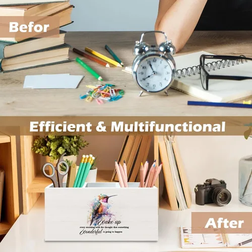 Vista 6 de DILSJ Hummingbird - Organizador de lápices inspirador para escritorio, regalos inspiradores para mujeres, citas motivacionales, caja de madera