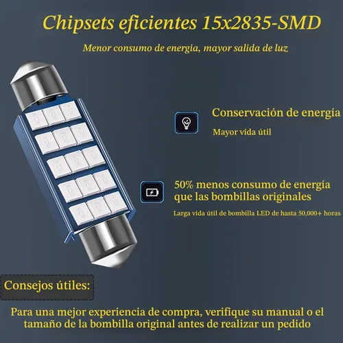 Vista 4 de Pack-2 focos LED extremadamente brillantes 578, 400 lm, 6500 K, chipsets 2835, 41 mm 42 mm (azul) para luces LED interiores de cúpula, mapa, puerta