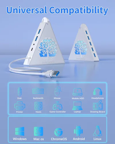 Vista 8 de Hub USB 3.0 de 7 puertos, divisor de concentrador USB vertical blanco con iluminación RGB en forma de árbol, transferencia de alta velocidad de 5
