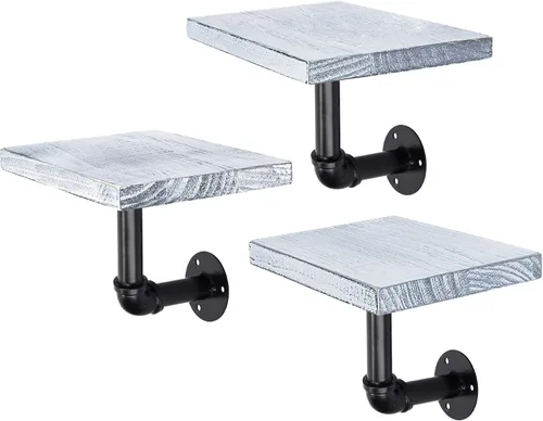 Vista 7 de Navaris Juego de estantes industriales para tuberías, 3 estantes pequeños de madera con soportes de tubo negros, estantería de madera montada