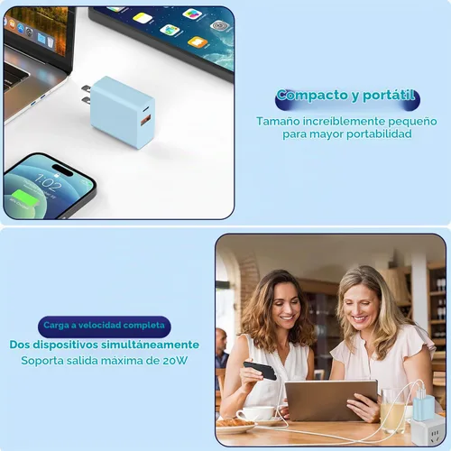 Vista 6 de Bloque de carga para iPhone 16/15, bloque de carga USB C [paquete de 2] 20 W de doble puerto PD rápido USB C adaptador de cargador de pared USB A