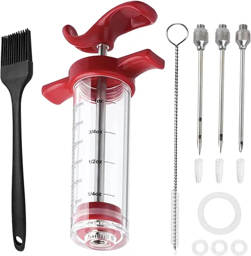 Vista 5 de Kit de jeringa-e para inyector de carne, inyector de pavo poroso de 3 agujas para carnes con cepillo de limpieza, inyector de adobo jeringa-e
