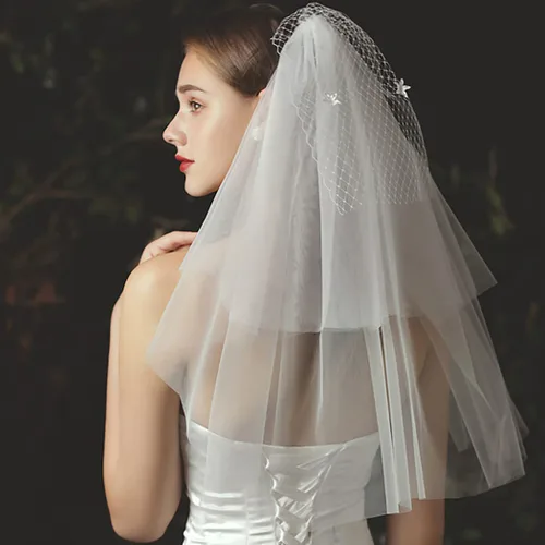 Vista 2 de Campsis Velo de tul para novia, velo de flores de malla blanca con peine, elegante velo floral de 3 niveles, velo corto, novia, graduación, ópera