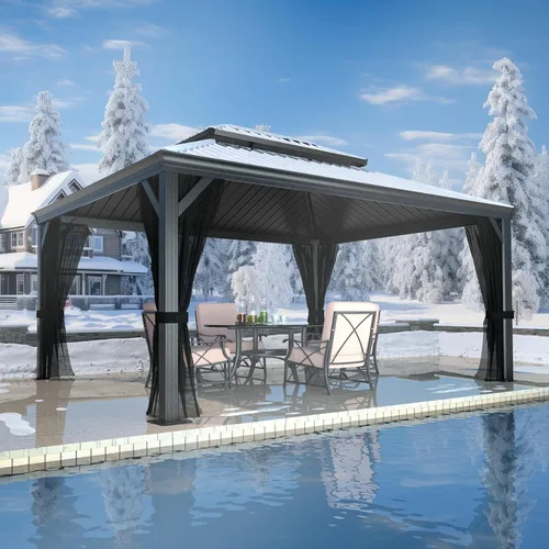 Vista 10 de MUPATER Gazebo para exteriores de 10 x 12 pies, carpa de techo rígido con doble techo, estructura resistente con sistema de drenaje y mosquitera