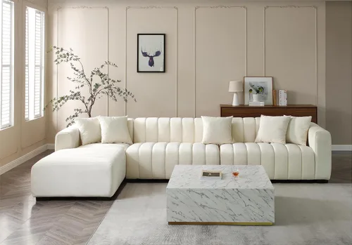 Vista 5 de Sofá modular de lujo en forma de L con canal profundo tapizado de terciopelo capitoné, sofá modular para dormitorio, oficina, apartamento