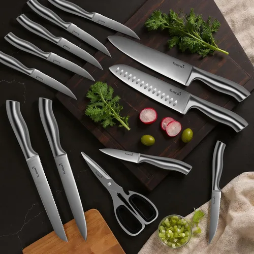Vista 5 de Kuisine Juego de Cuchillos de Chef Afilados Mejorados con Bloque, Moldeado de Una Pieza de Acero Inoxidable de Alto Carbono Forjado, Juego de Bloque