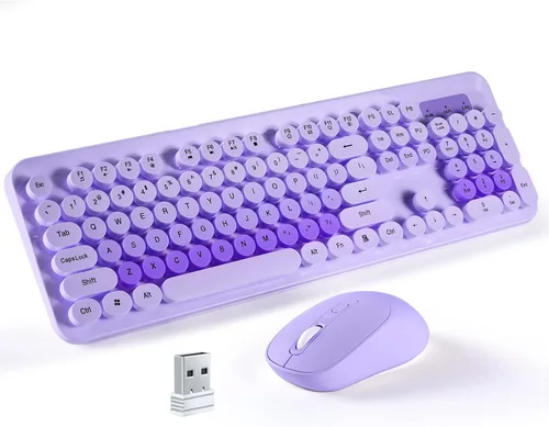 Vista 8 de Combo de teclado y mouse inalámbricos, 104 teclas redondas, teclado y mouse coloridos de tamaño completo con receptor USB de 2.4 GHz