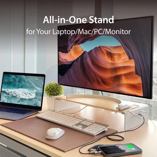 Vista 2 de j5create - Soporte de madera para monitor con estación de acoplamiento USB tipo C/HDMI USB 3.1 C to C Cable Included - Handmade Wood Panel with