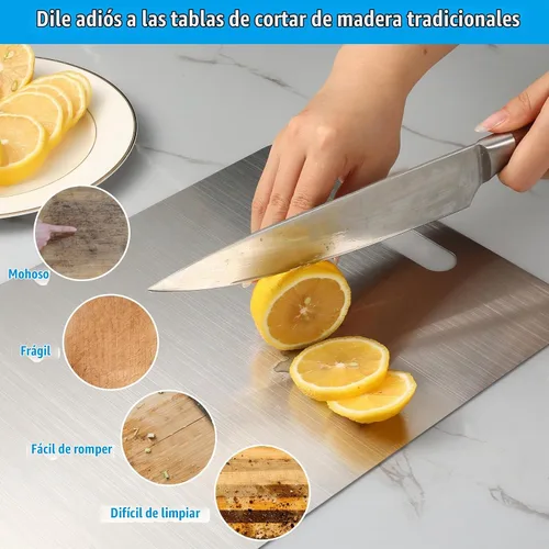 Vista 3 de Juego de 3 tablas de cortar de acero inoxidable, tablas de cortar de cocina de metal 304, no tóxicas con bordes sin rebabas, aptas