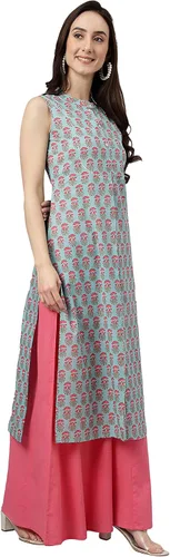 Vista 6 de Janasya Indian - Kurta recto de algodón azul aguamarina con estampado botánico para mujer