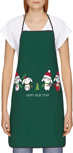 Vista 3 de ZGVDVZ Delantal de feliz año nuevo del conejo para mujeres y hombres, delantales de cocina de Navidad resistentes al agua con correas ajustables