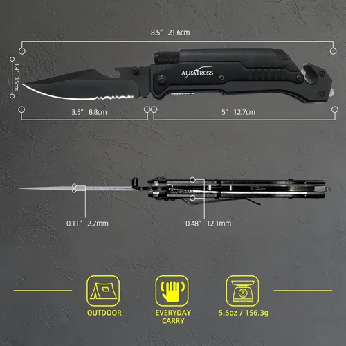 Vista 2 de Cuchillo táctico de supervivencia 7 en 1 - Rompe cristales, cortador de cinturón, hoja de acero serrada, encendedor, linterna LED, abridor