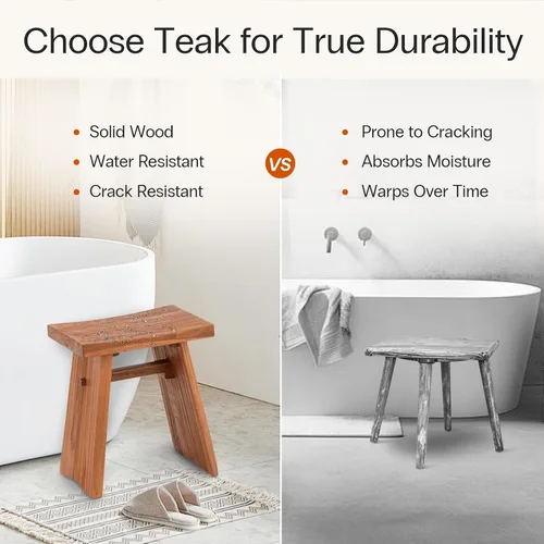 Vista 5 de StrongTek Taburete de ducha de teca, banco de baño de madera de teca maciza preaceitada de 18 pulgadas para baño, spa y hogar, asiento ergonómico