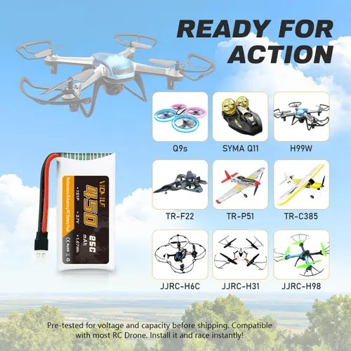 Vista 9 de 3.7V Lipo Batería 450mAh Alta Capacidad 25C RC Molex Drone Batería con 5-en-1 Cargador para SYMA Q11 AT-96 TR-C385 TR-P51 TR-F22 H99W H31 H6C H98