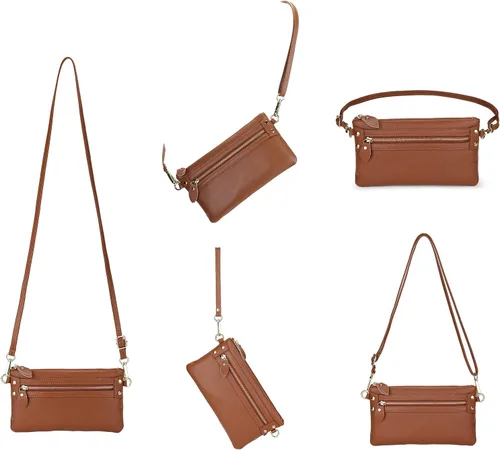 Vista 4 de YALUXE Clutch Wristlet - Cartera de piel auténtica con bloqueo RFID y cadena de hombro